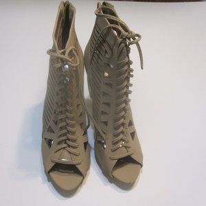 Bonnibel Women's Heeled Open Toe Light Tan Faux Leather(Suede look) Boots. Sz.9